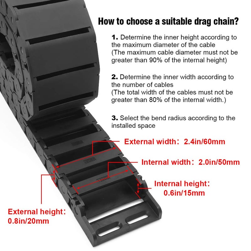 LMioEtool R28/38 15mm x 50mm(Inner H x Inner W) Black Plastic Cable Wire Carrier Drag Chain 1M Length for CNC, with End Connectors - Semi Enclosed Type (Inner Side openable) - Image 3